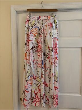 CeCe White Floral Print Wide Leg Pants with Coral & Lime Accents